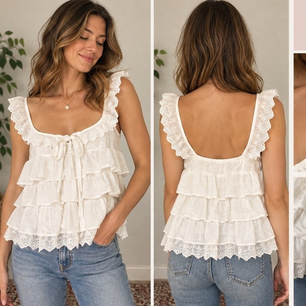 Womens White Eyelet Ruffle Tiered Top Size XS Cottage Boho Coquette Peasant Tank